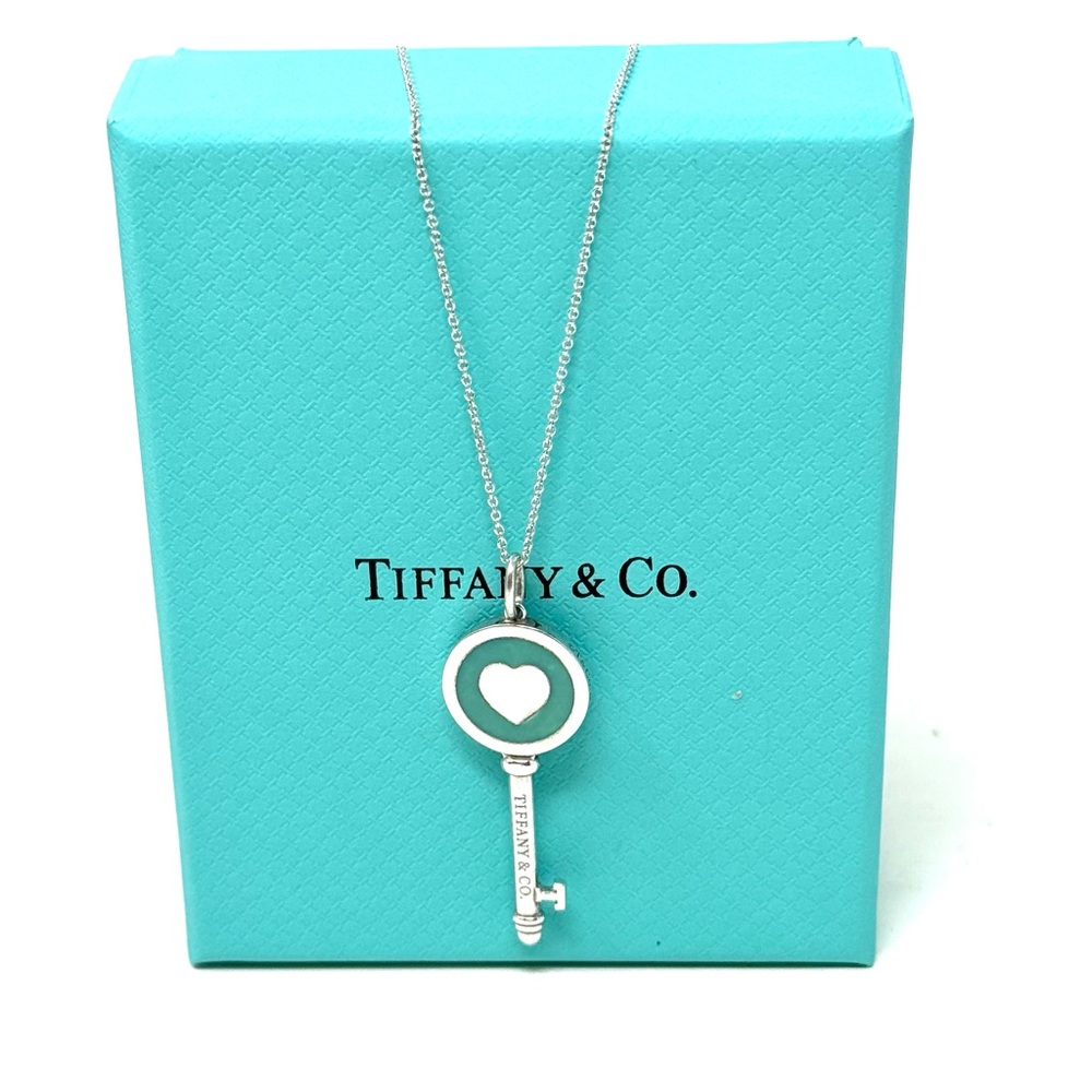Authentic Tiffany & co. Enamel Blue Heart Key Pendant Necklace.